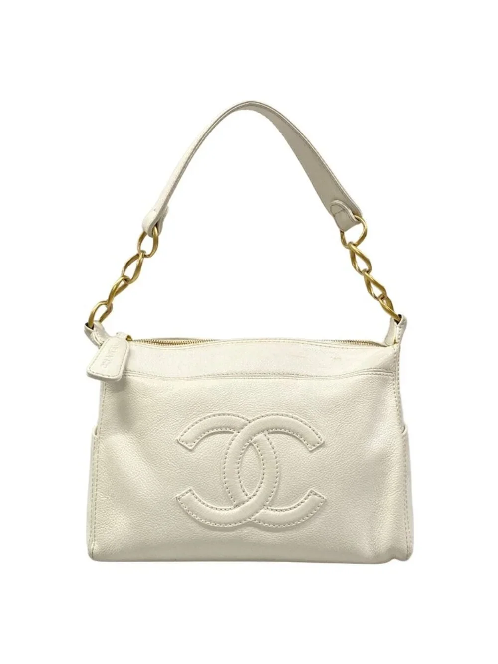 Chanel Handbag White Chain Handle Gold CC Logo Leather